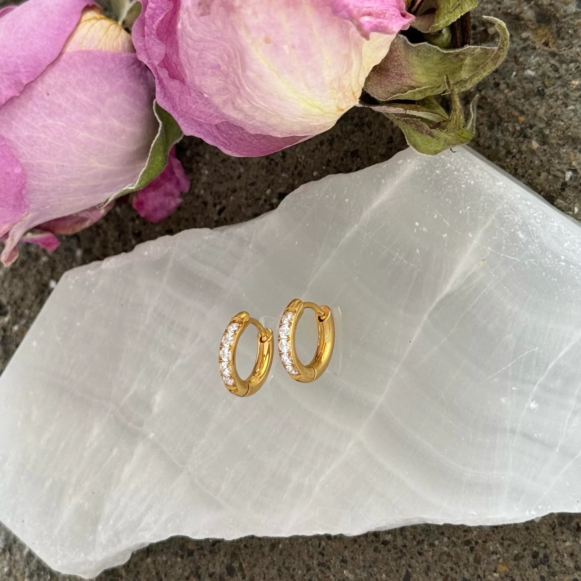 8MM GOLD CRYSTAL THICK MINI HOOP earrings