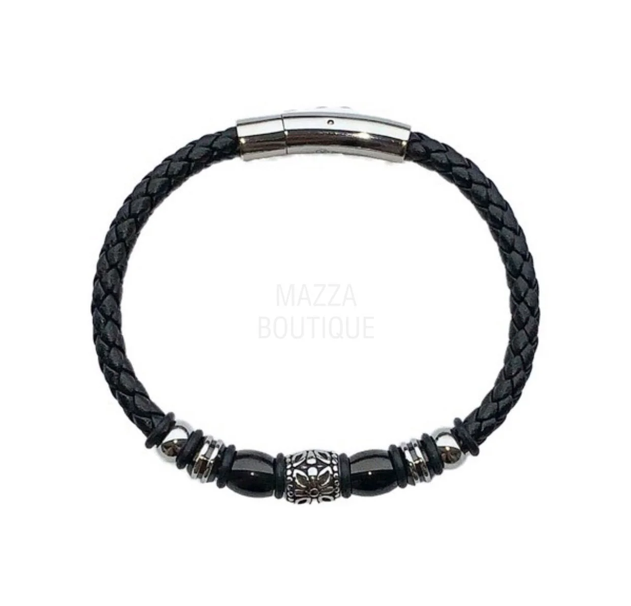 BLACK BEAD SILVER LEATHER bracelet - Image 2