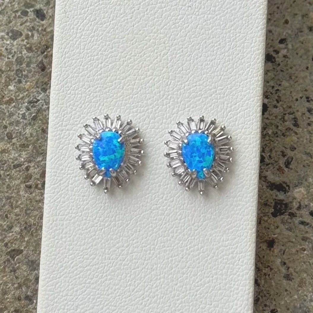 SILVER FIRE BLUE OPAL TEARDROP STUD earrings