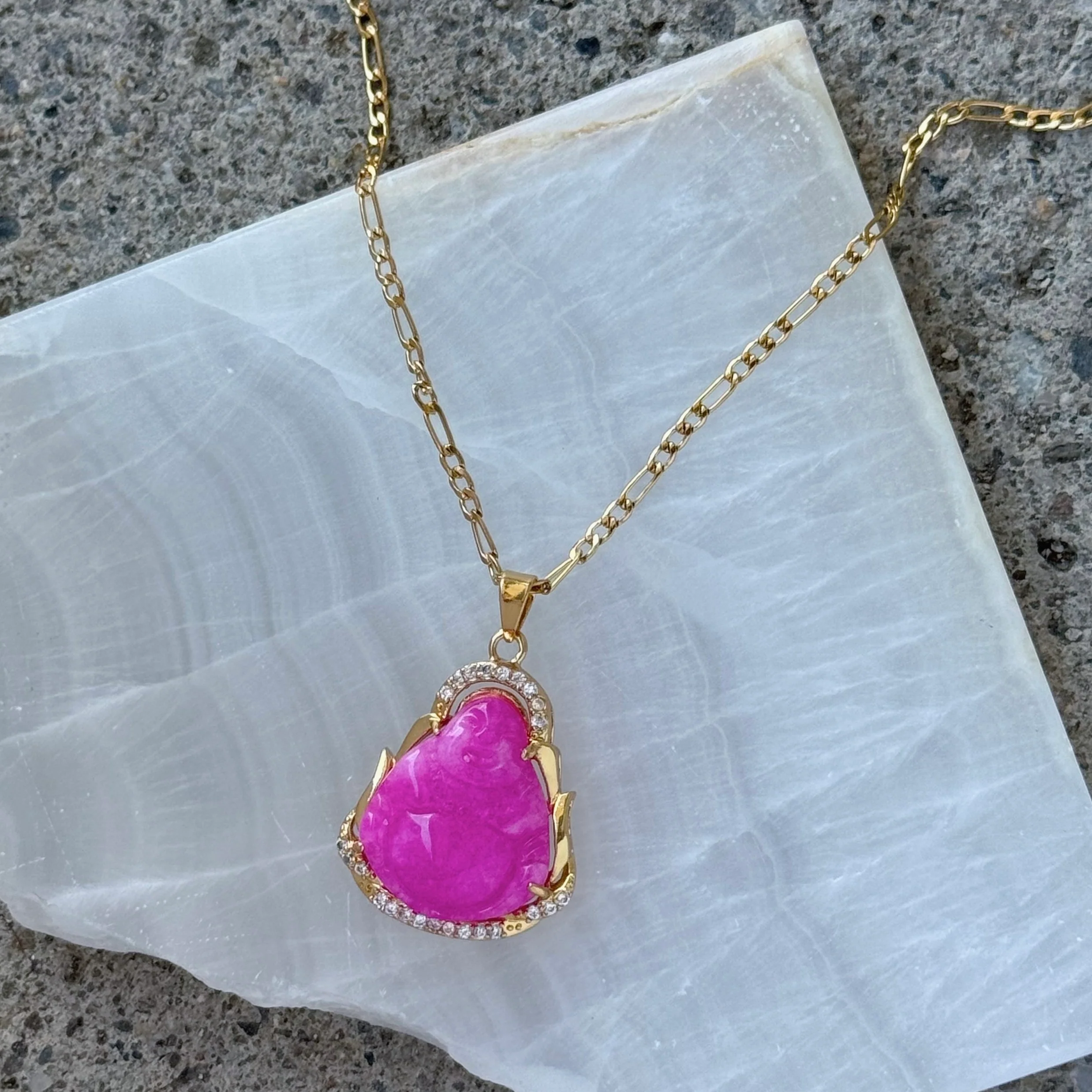 GOLD CRYSTAL BUDDHA MINI FUCHSIA JADE necklace