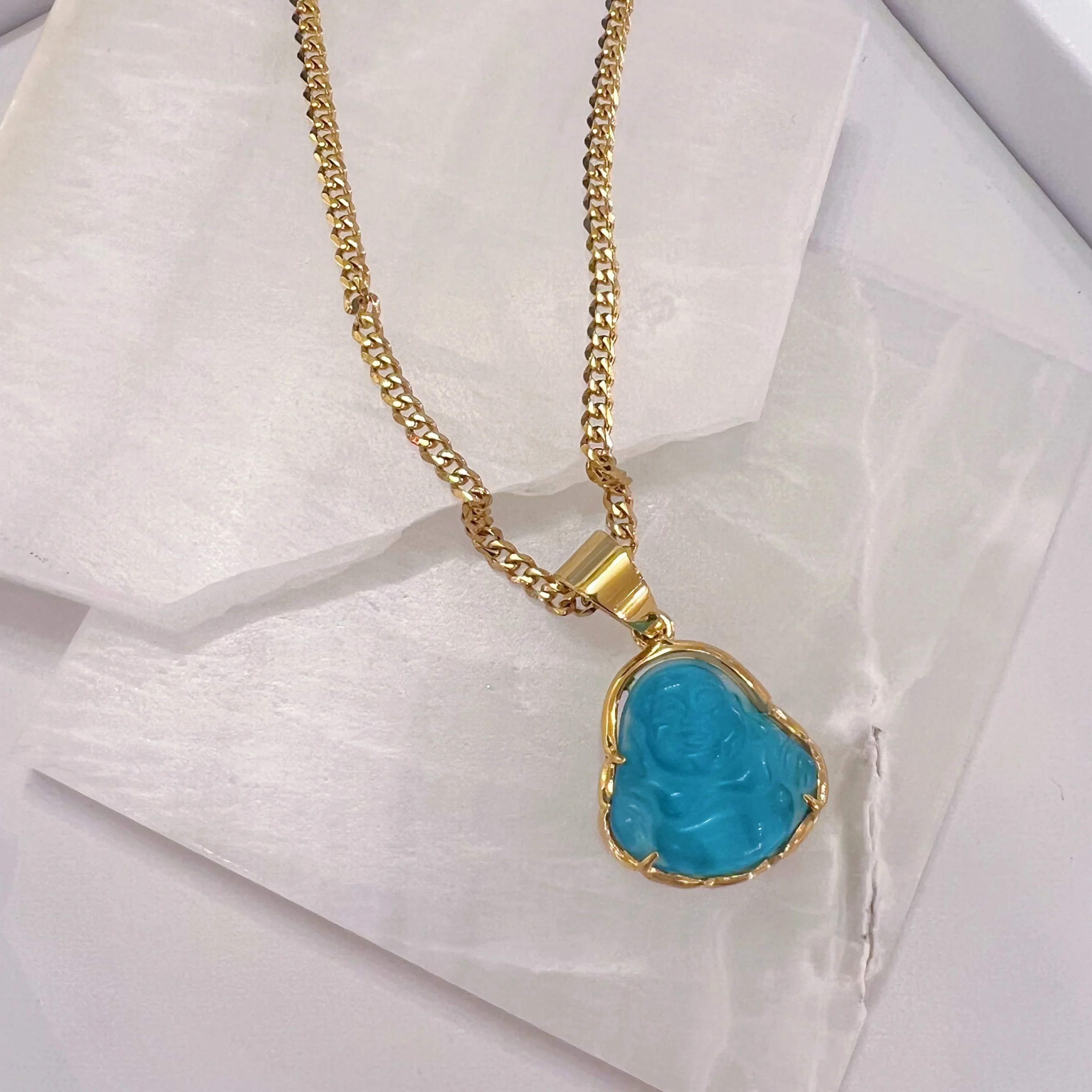 LIGHT BLUE BUDDHA GOLD STEEL MINI necklace