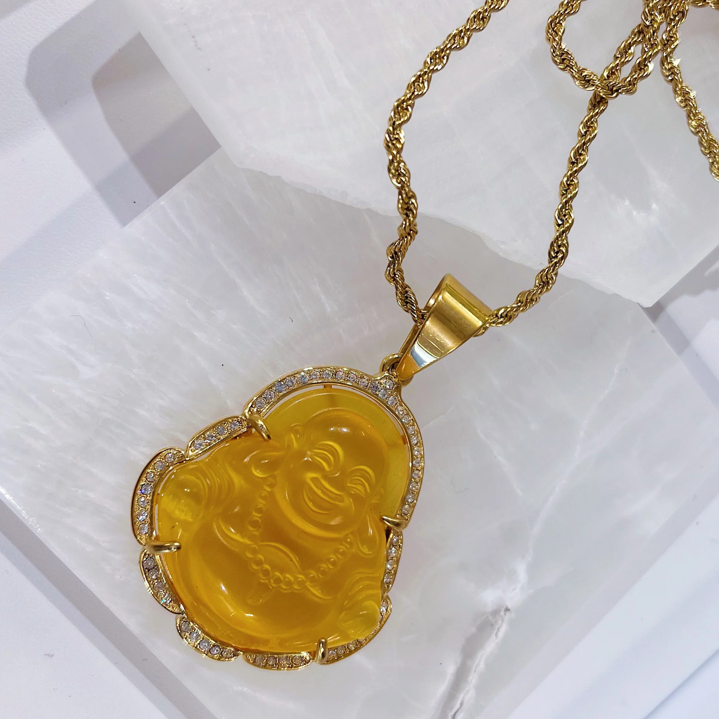 CRYSTAL YELLOW BUDDHA XL GOLD STEEL necklace