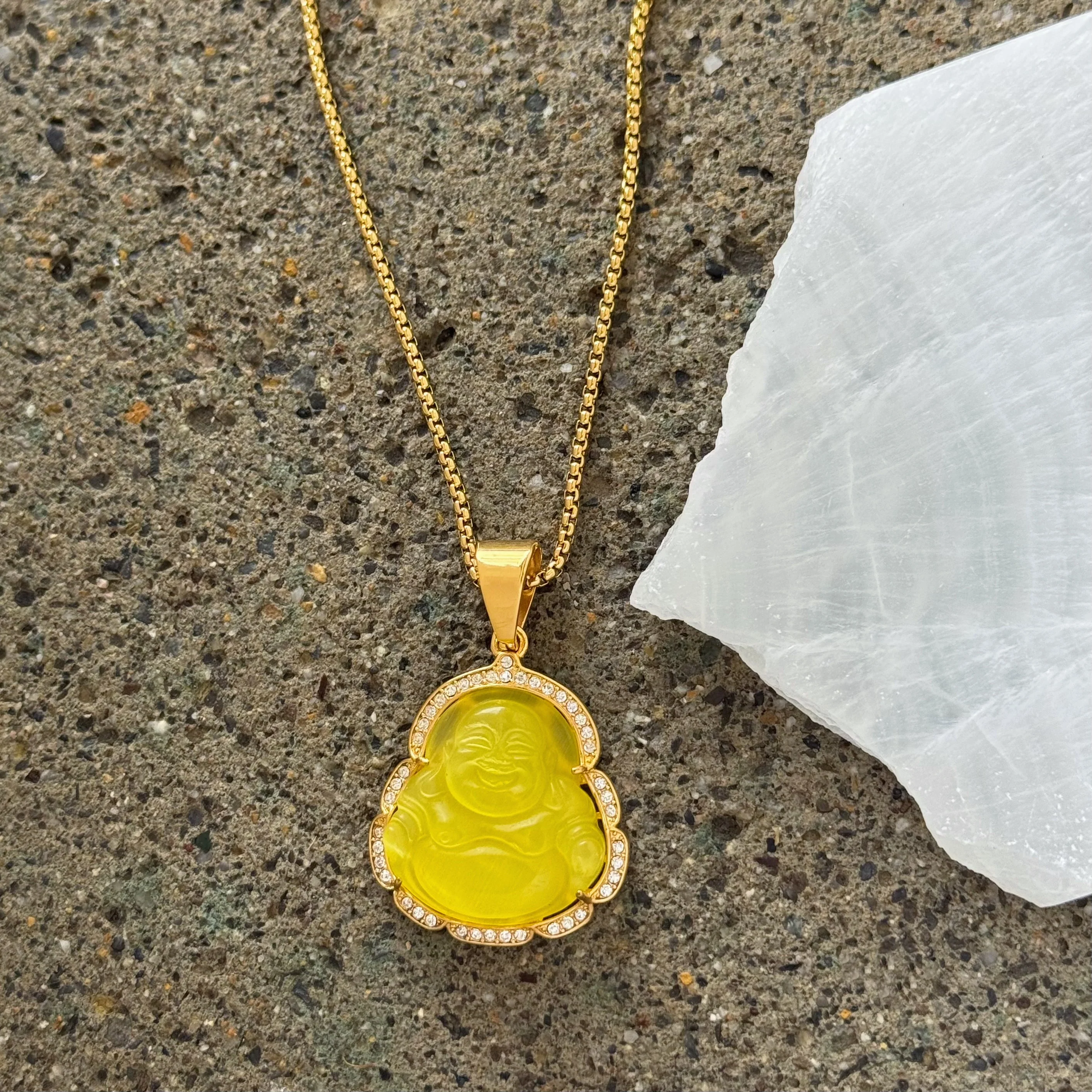 CRYSTAL YELLOW BUDDHA GOLD STEEL necklace