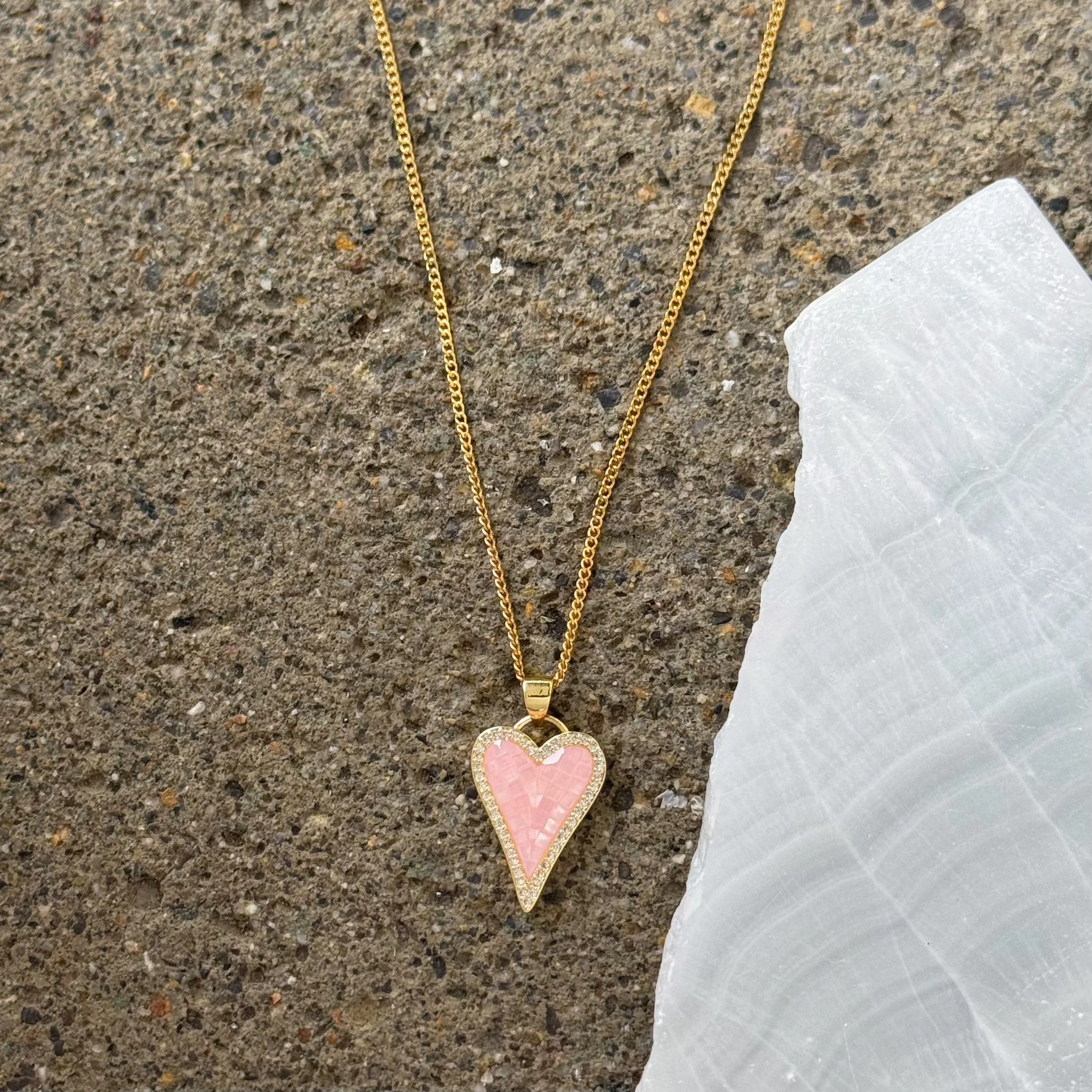 CRYSTAL PINK MOTHER OF PEARL HEART necklace