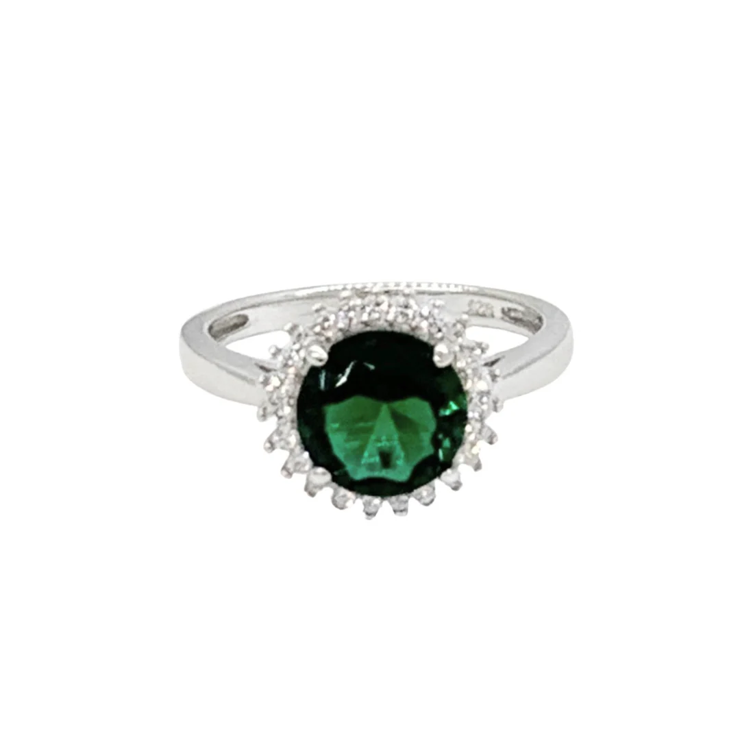SILVER ROUND CRYSTAL HALO EMERALD ring - Image 2
