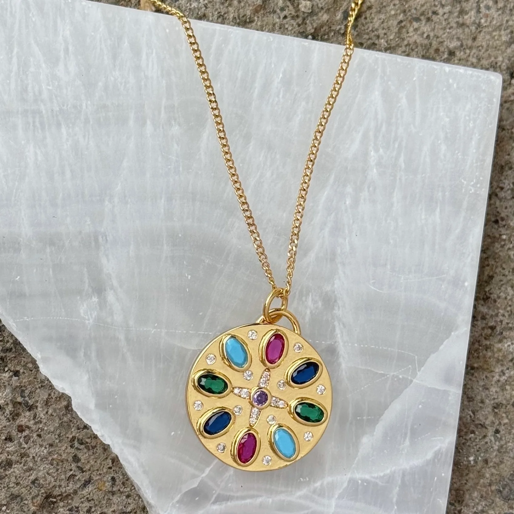 GOLD CELESTIAL OVAL JEWEL MEDALLION necklace