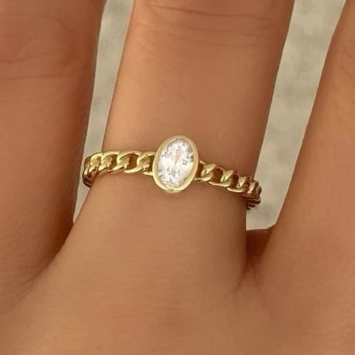 GOLD OVAL CRYSTAL BEZEL CUBAN ring