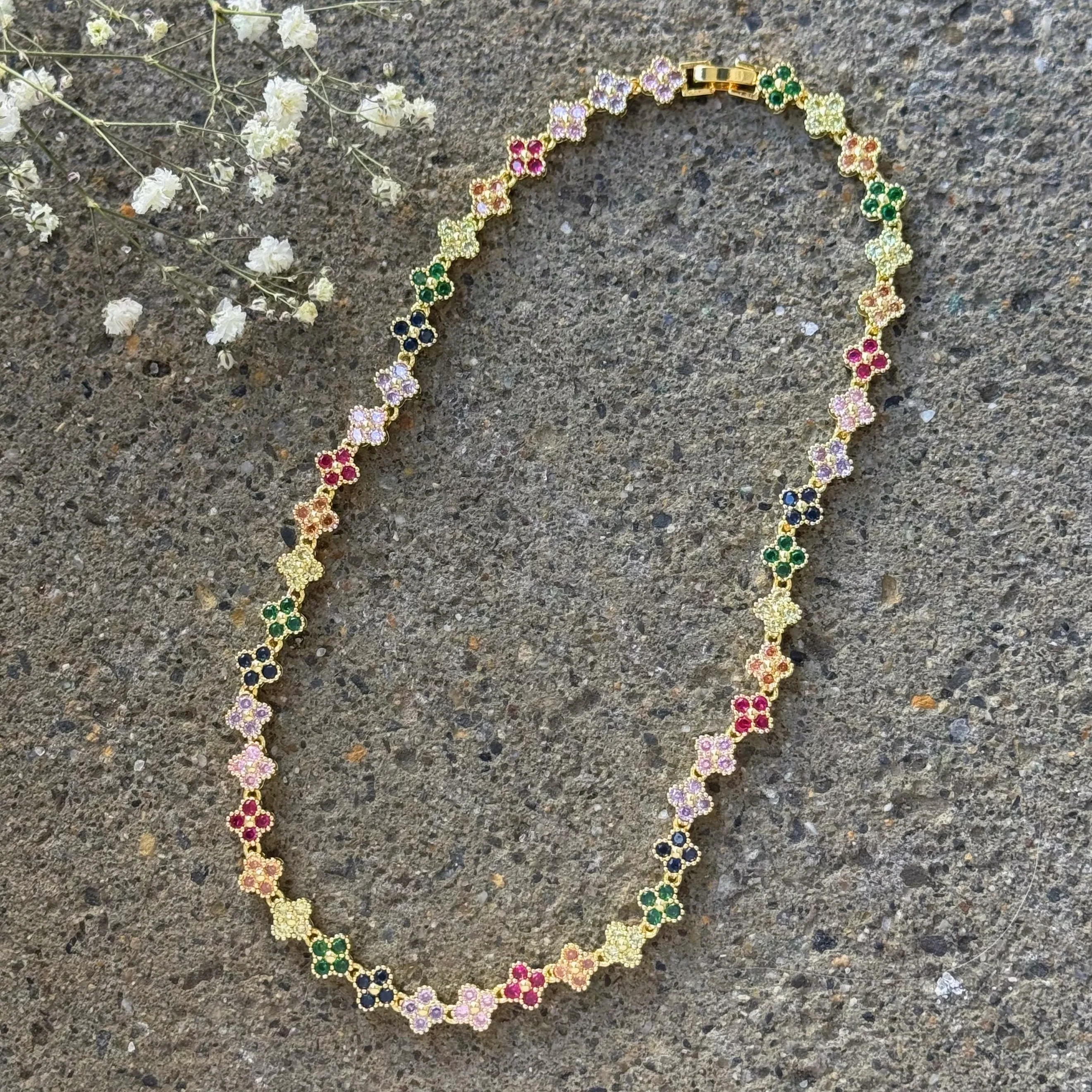GOLD CRYSTAL MULTI COLOR FLORA CLUSTER necklace