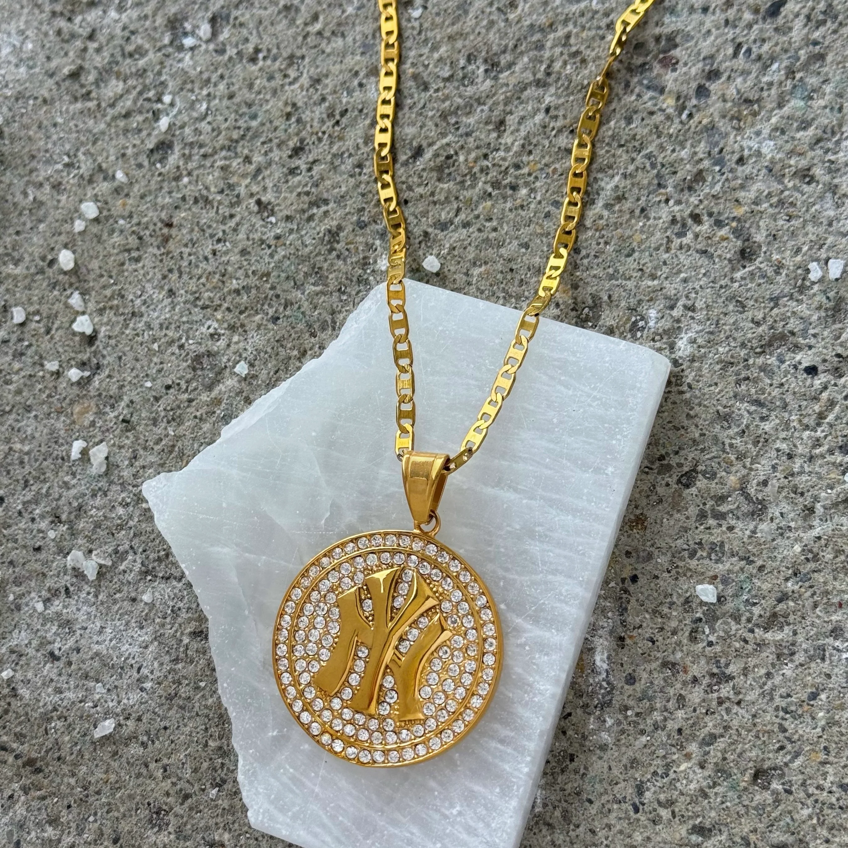 GOLD CRYSTAL NYY MEDALLION necklace