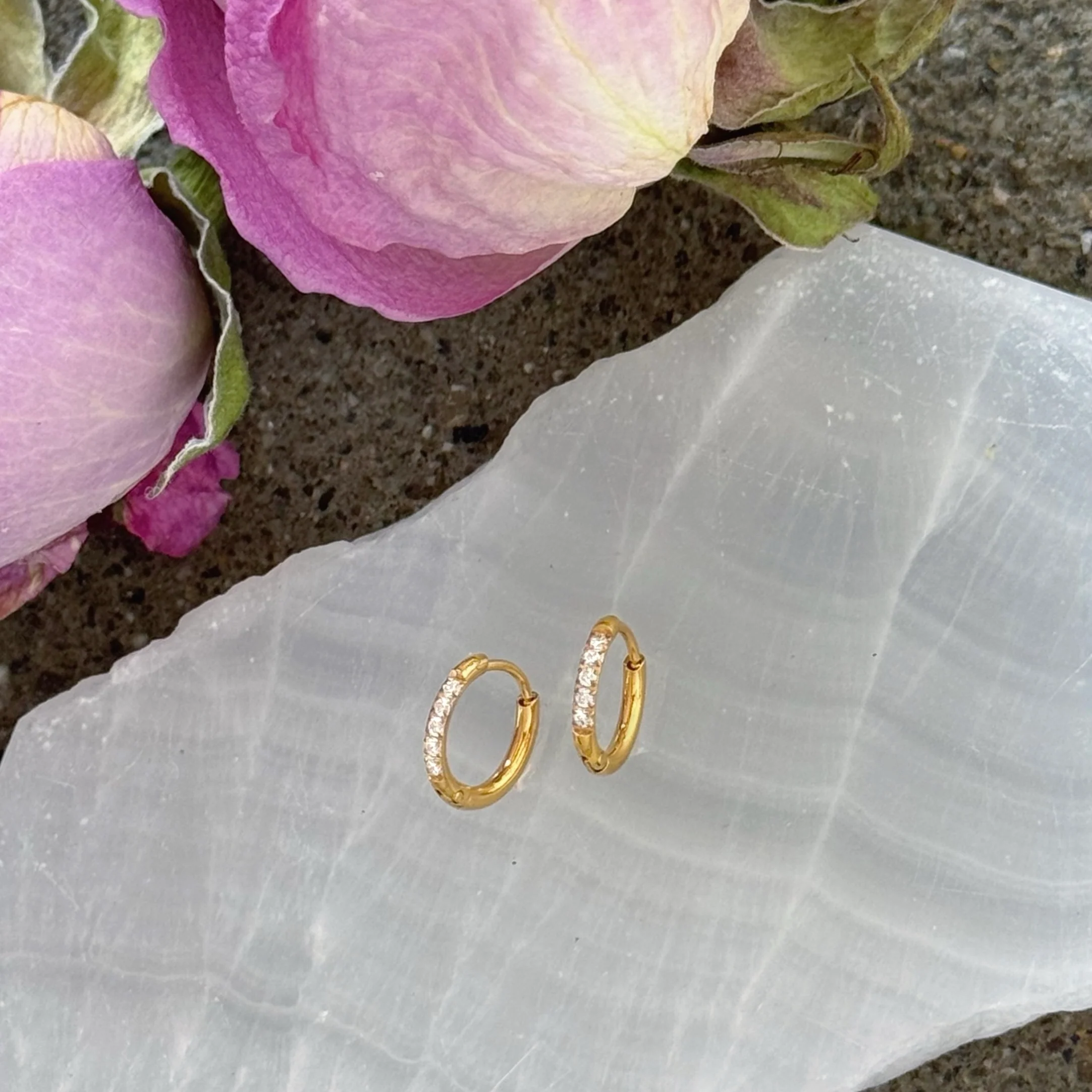 GOLD CRYSTAL THIN MINI HOOP earrings