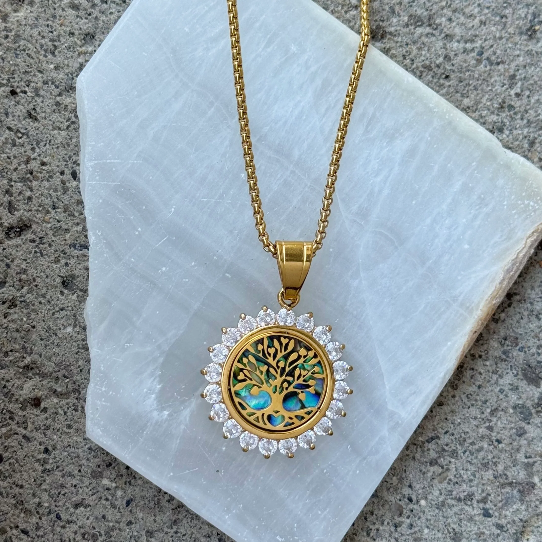 GOLD CRYSTAL TREE OF LIFE MEDALLION necklace