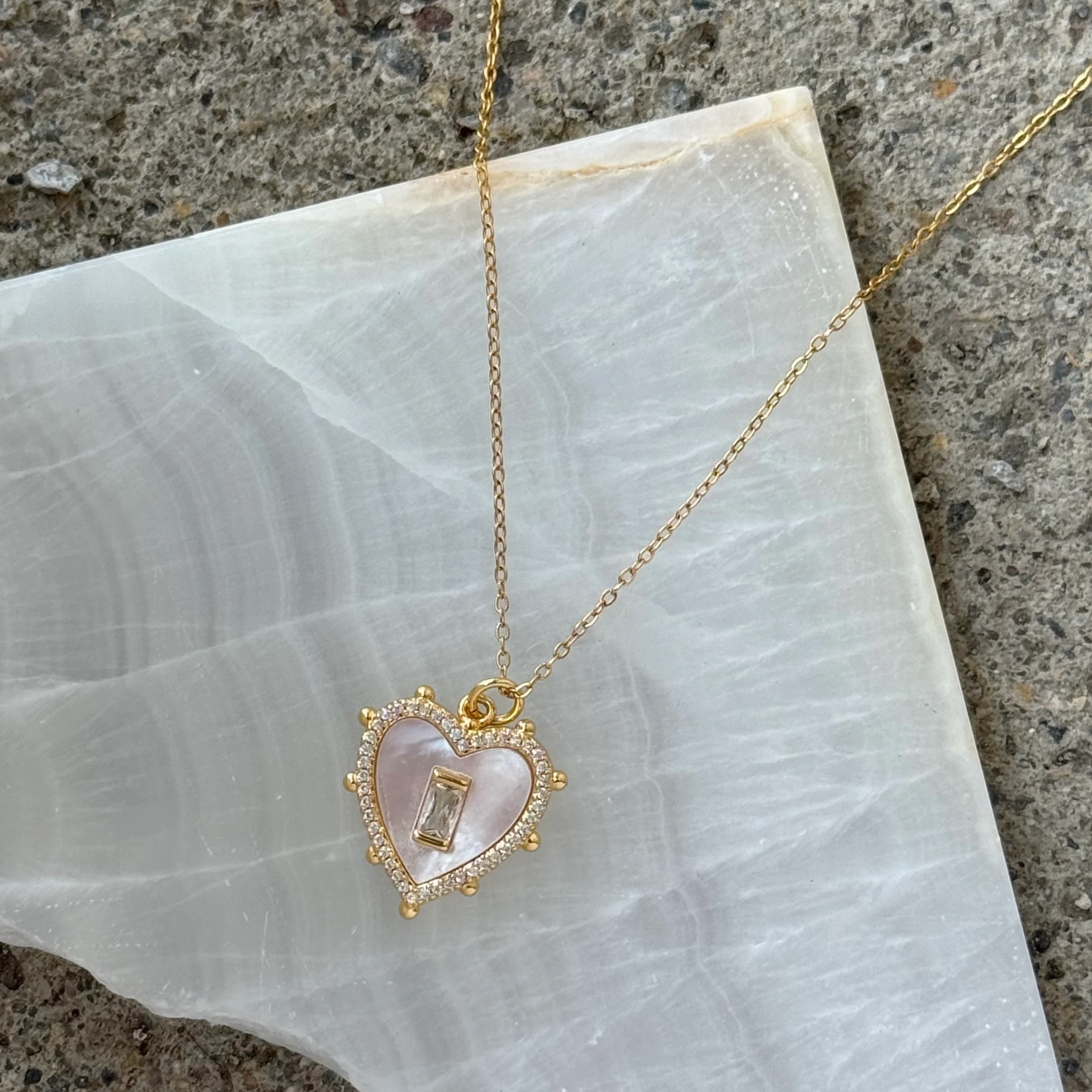 GOLD HEART MOTHER OF PEARL CRYSTAL BAGUETTE necklace - Image 2