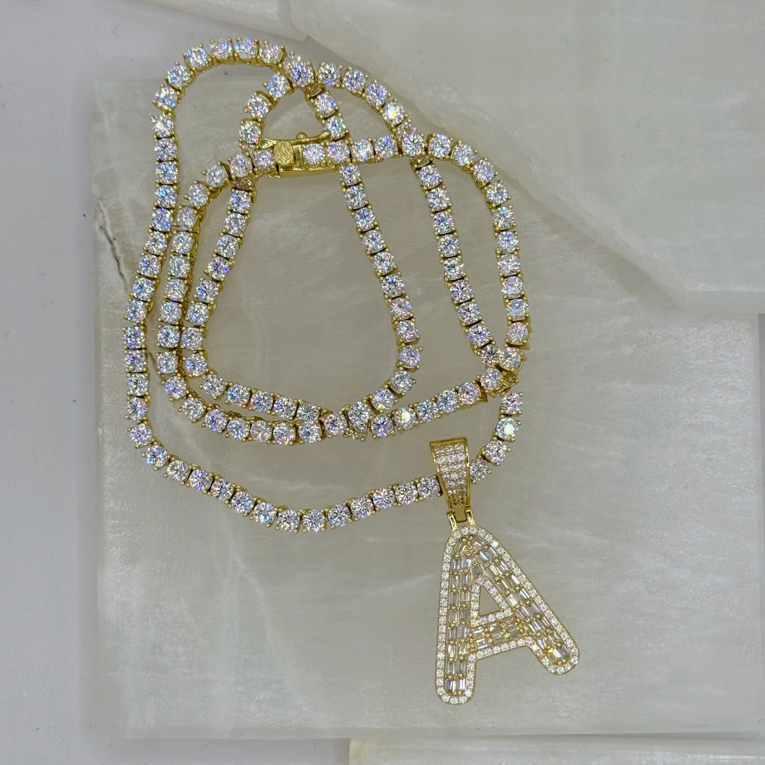 GOLD INITIAL CRYSTAL BAGUETTE II TENNIS necklace