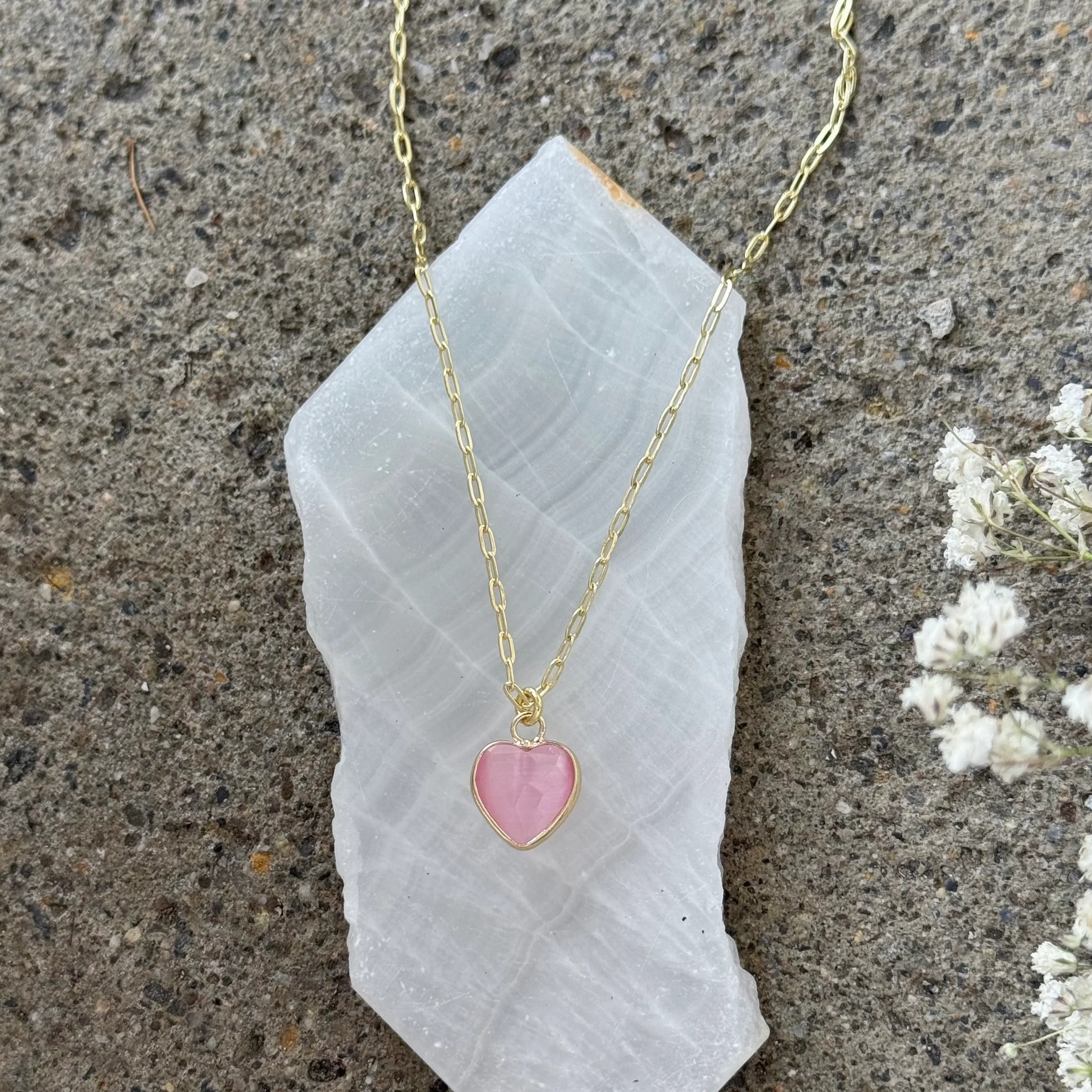 GOLD ROSE QUARTZ HEART PAPERCLIP necklace