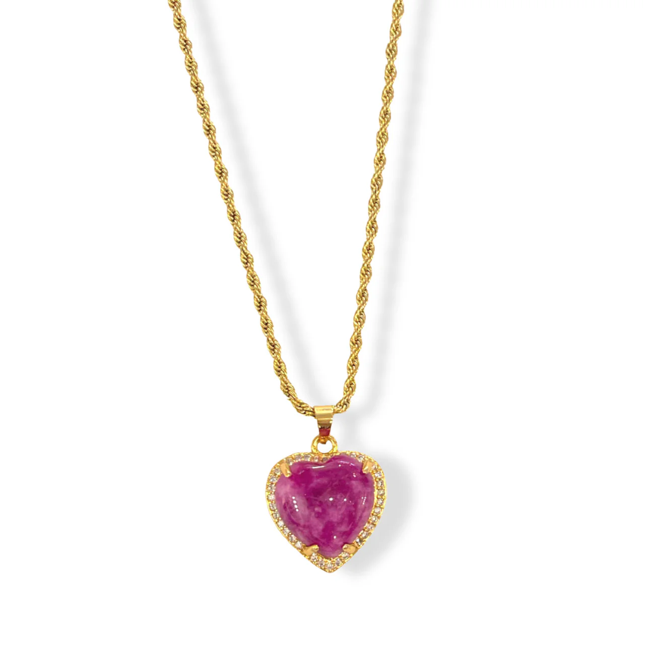 GOLD CRYSTAL PAVE HEART FUCHSIA JADE necklace - Image 2