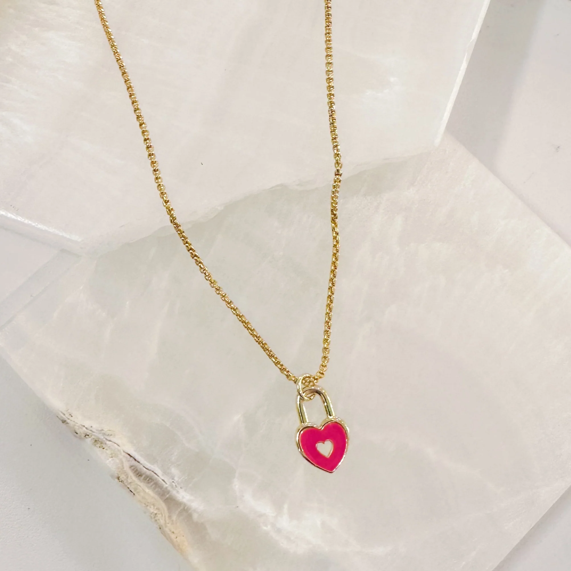 HOT PINK ENAMEL HEART LOCK SUPER MINI necklace