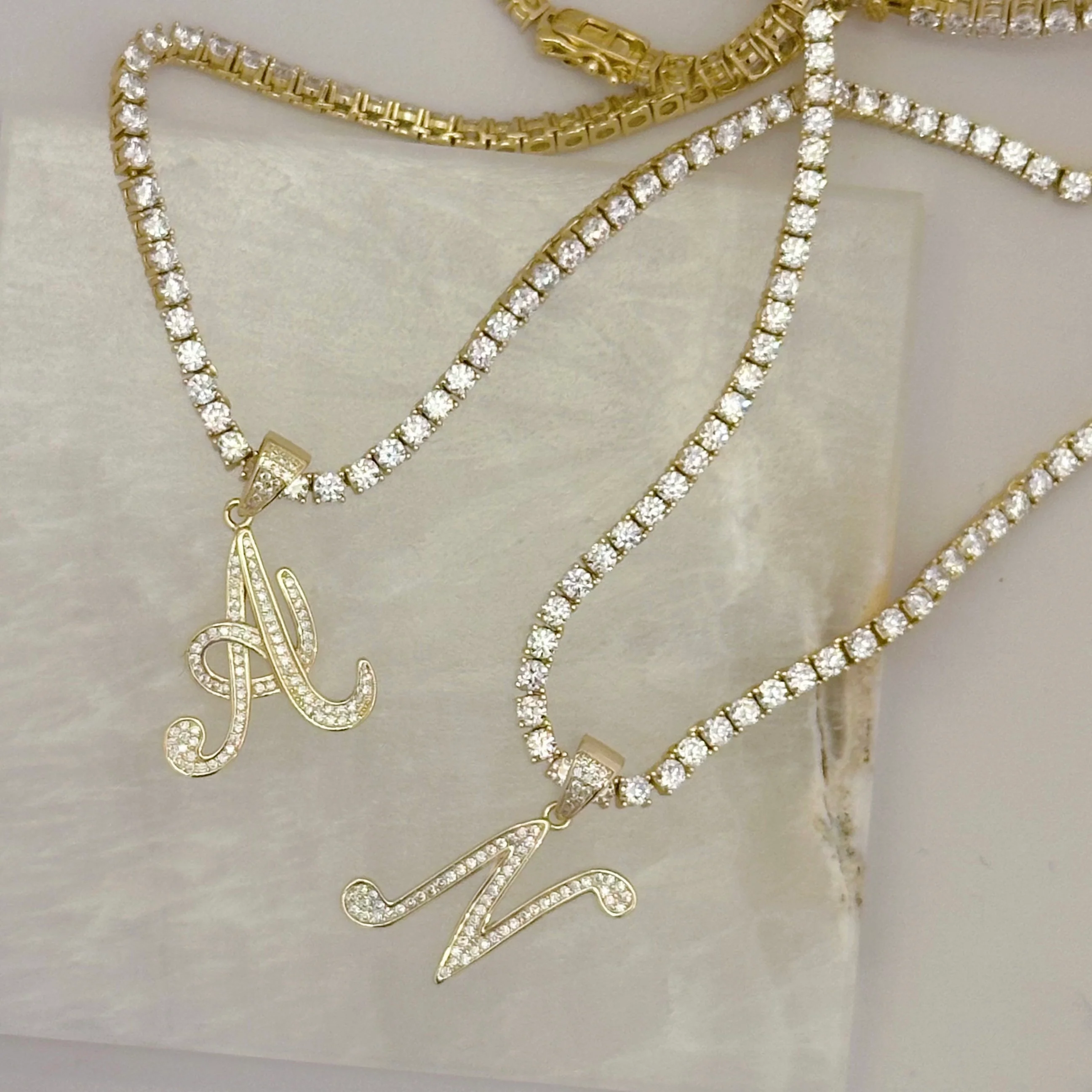 GOLD INITIAL CRYSTAL CURSIVE TENNIS necklace