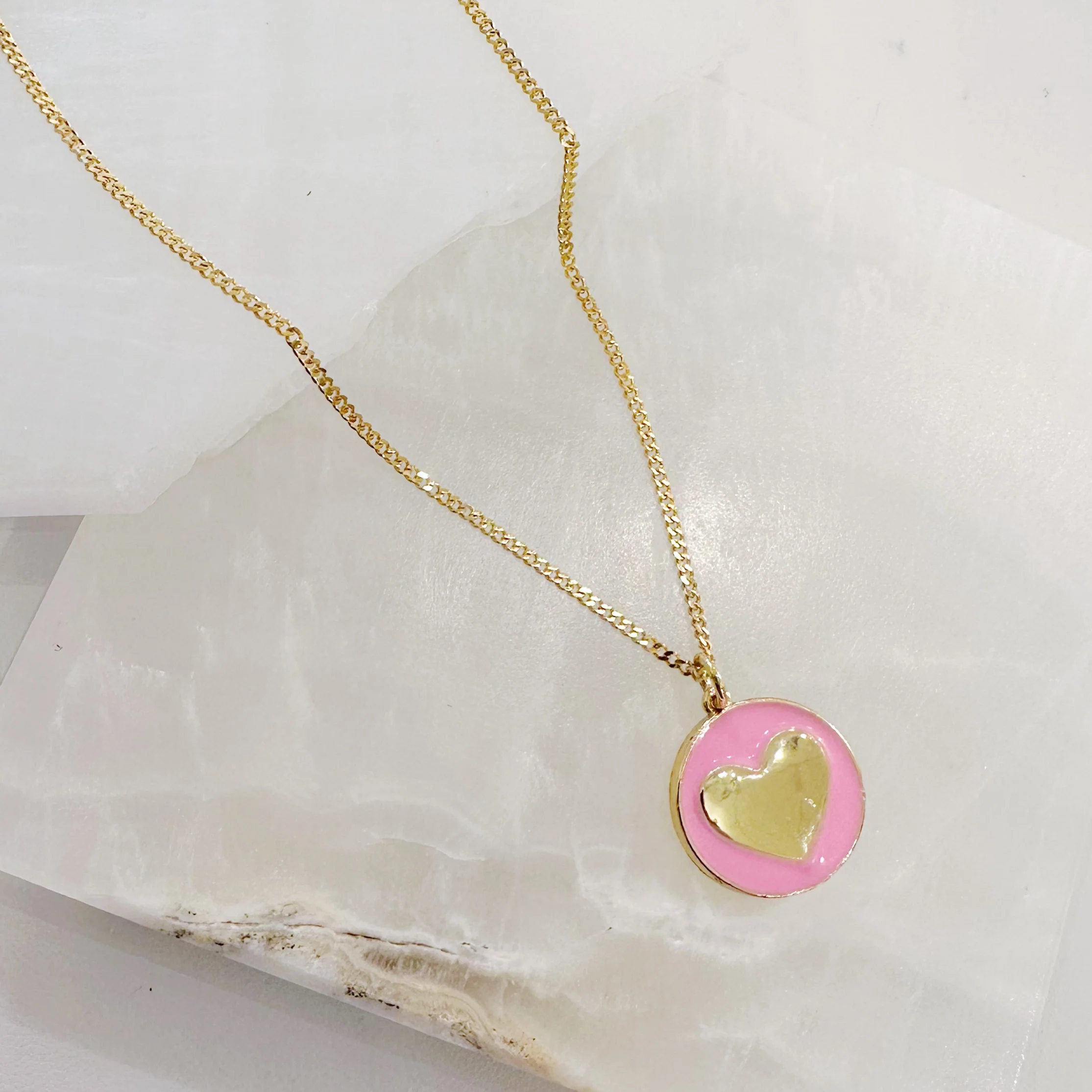 PINK ROUND ENAMEL HEART necklace