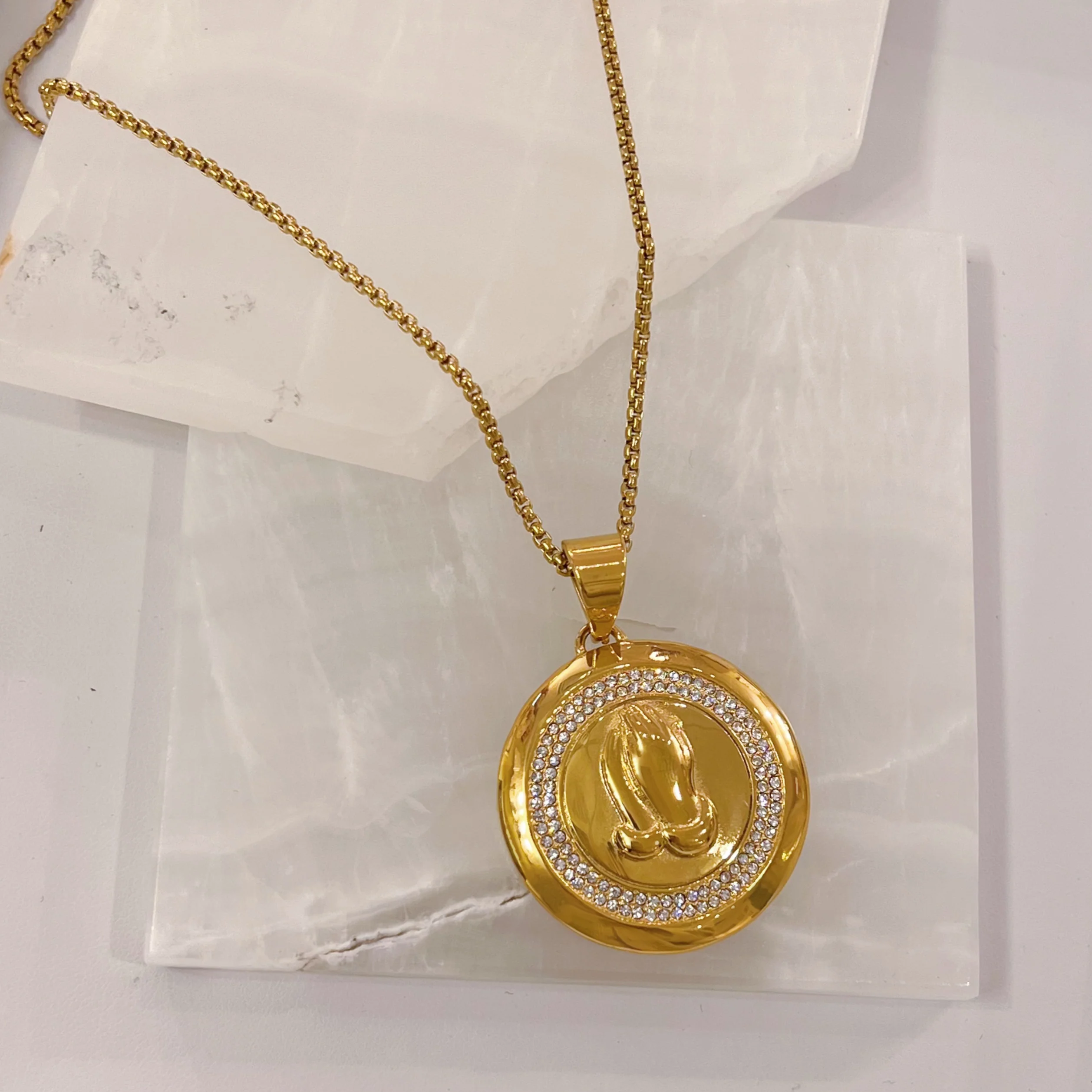 GOLD PRAYING HANDS MEDALLION necklace