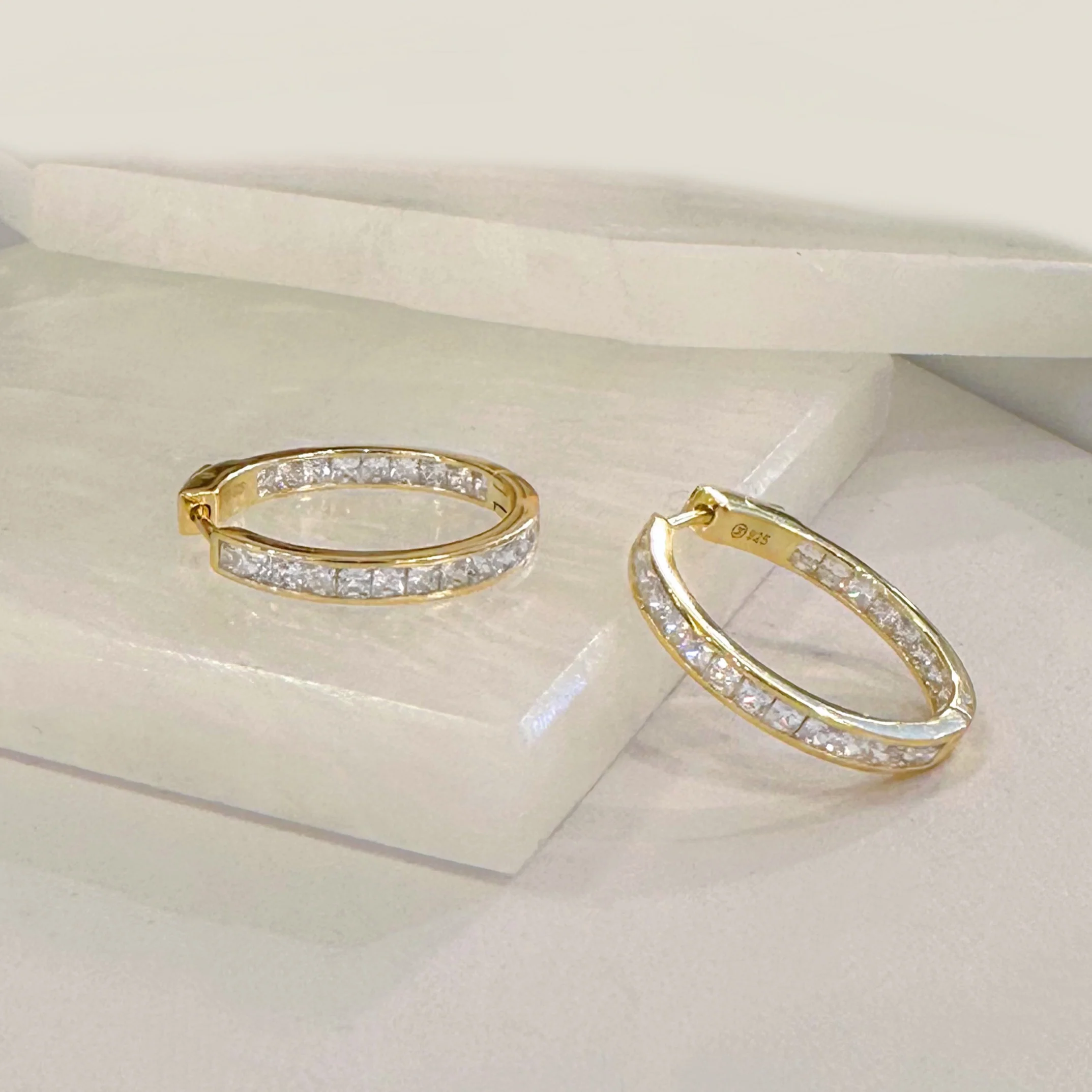 GOLD BEZEL PRINCESS CUT HOOP earrings