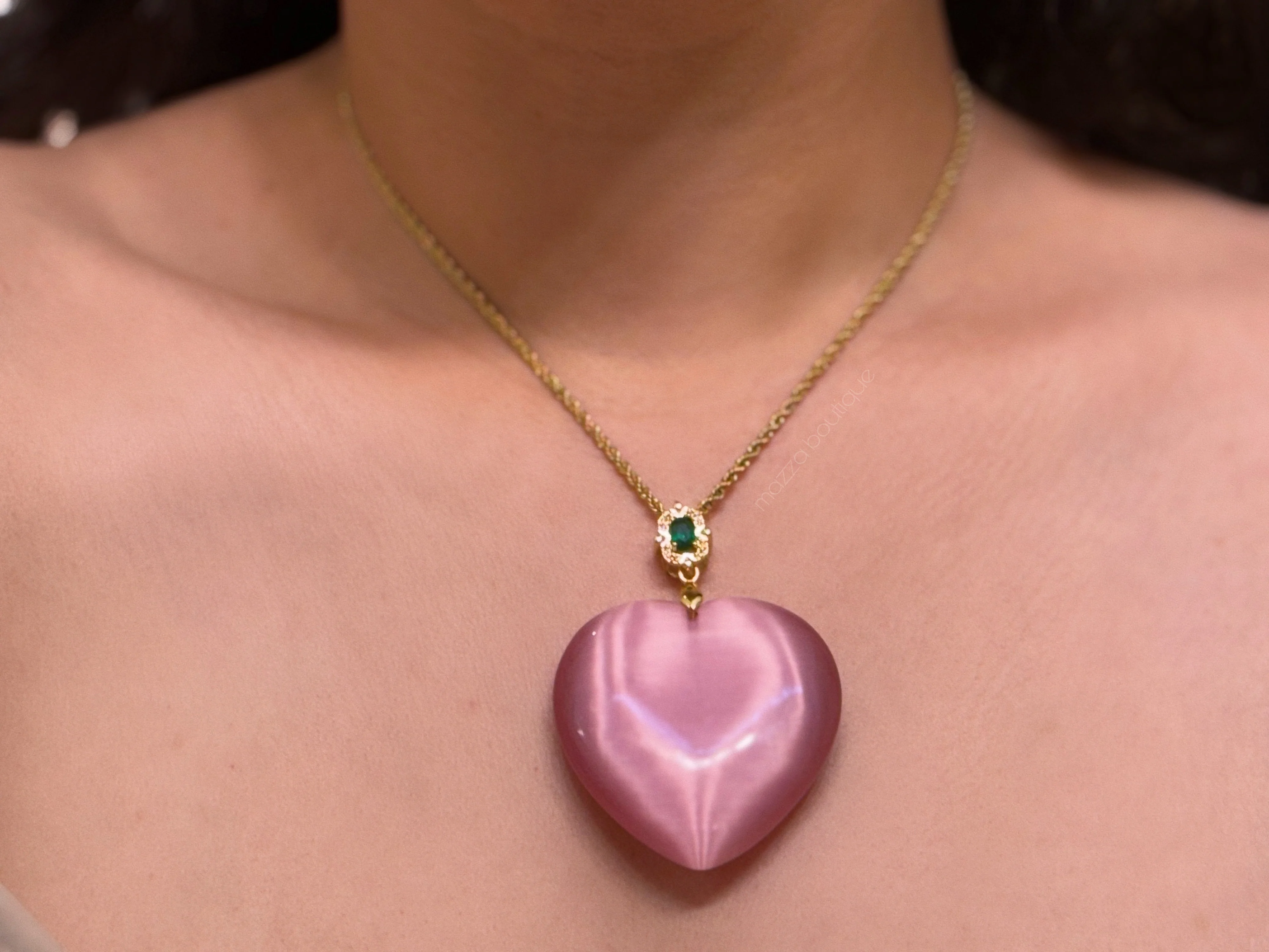 LARGE HEART PINK CATS EYE necklace - Image 2