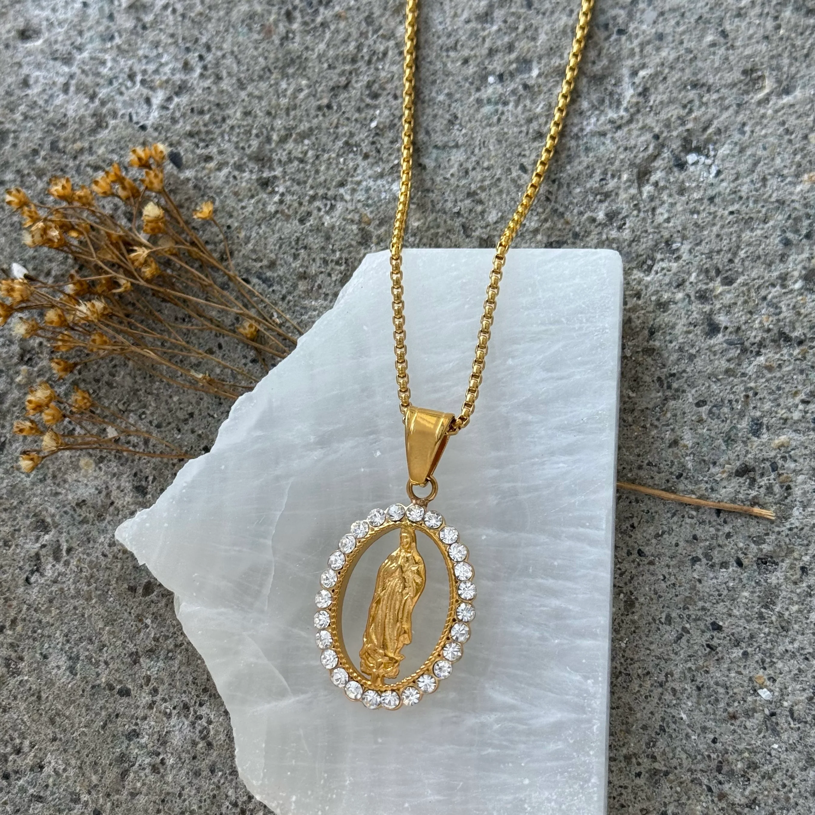 GOLD CRYSTAL BLESSED MOTHER OVAL MEDALION II necklace
