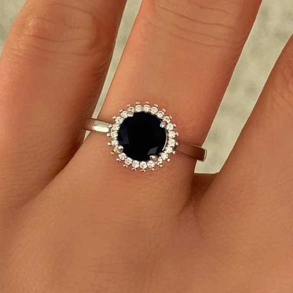SILVER ROUND CRYSTAL HALO BLUE SAPPHIRE ring