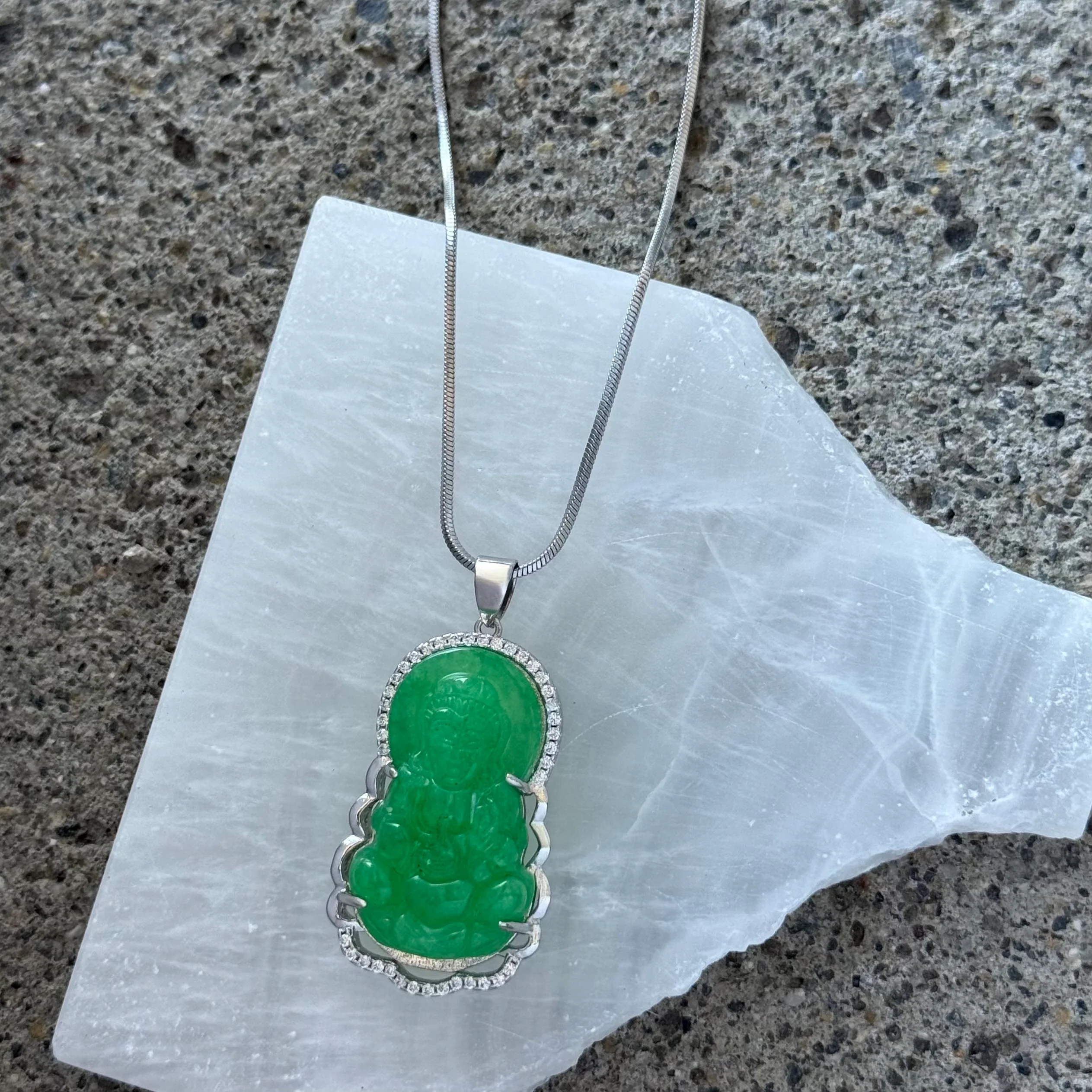 SILVER LARGE CRYSTAL KWAN YIN GREEN JADE necklace